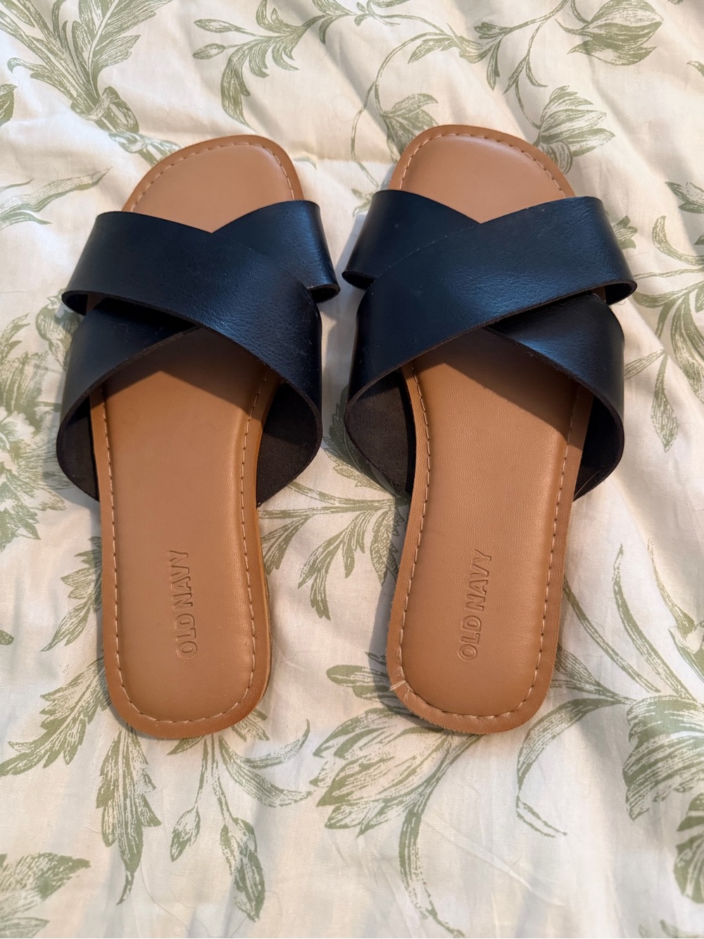 Old Navy Black Crisscross Slide Sandals with Tan Footbed